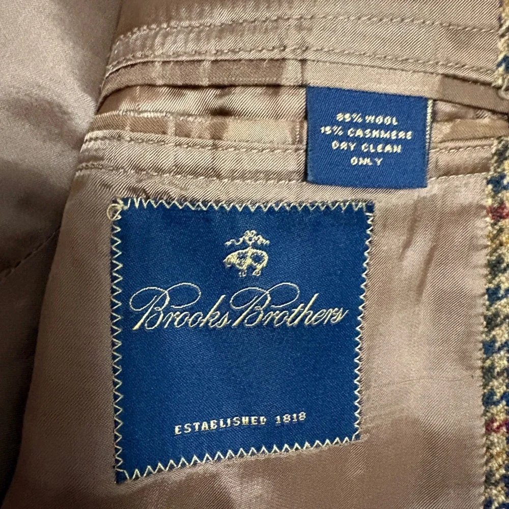 Brooks Brothers Mens 41R Wool Cashmere Blazer Tan Plaid Tweed Sport Coat Italy